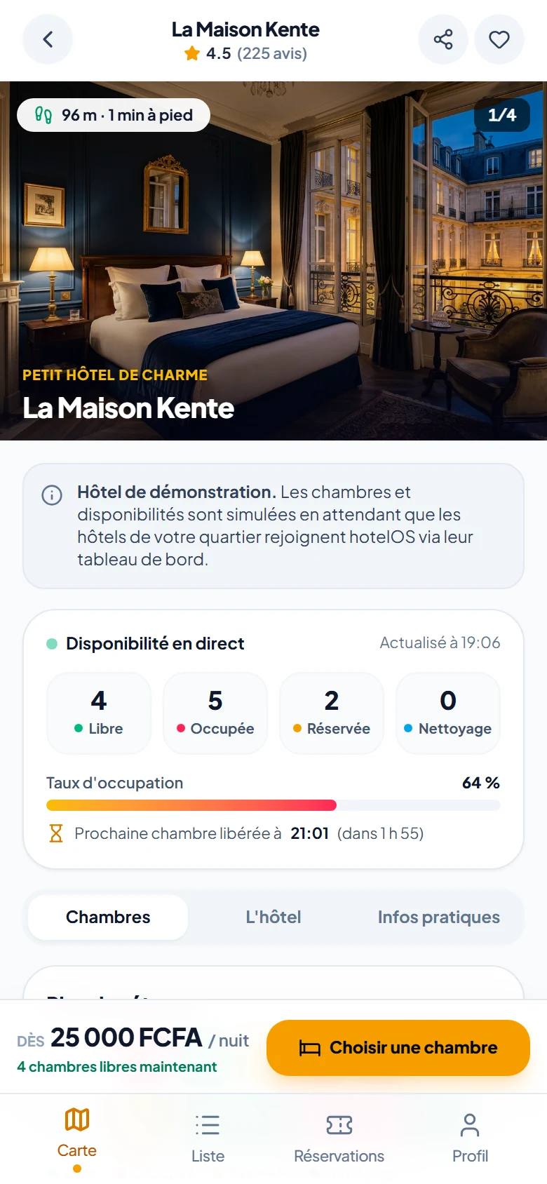 Fiche d’un hôtel dans l’application : chambres libres, occupées et réservées